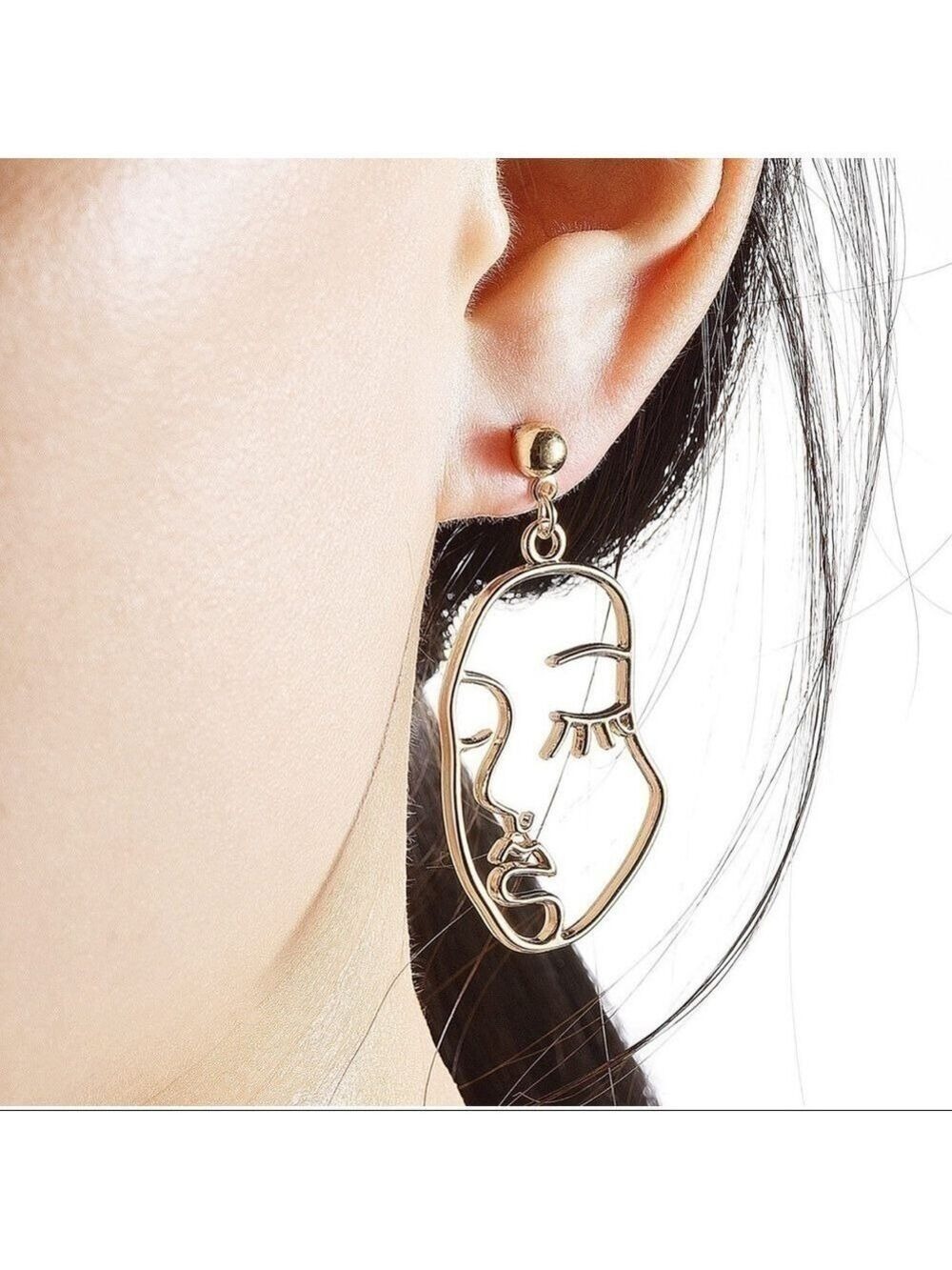 NEW-FACE Abstract Statement Earrings in Gold with Hypoallergenic Dangle Stud.